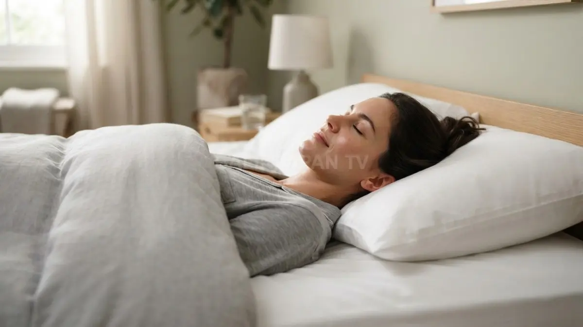 Posisi tidur telentang yang nyaman menjaga wajah tetap bebas tekanan pillow demi kesehatan kulit optimal. (BTV/Ai)