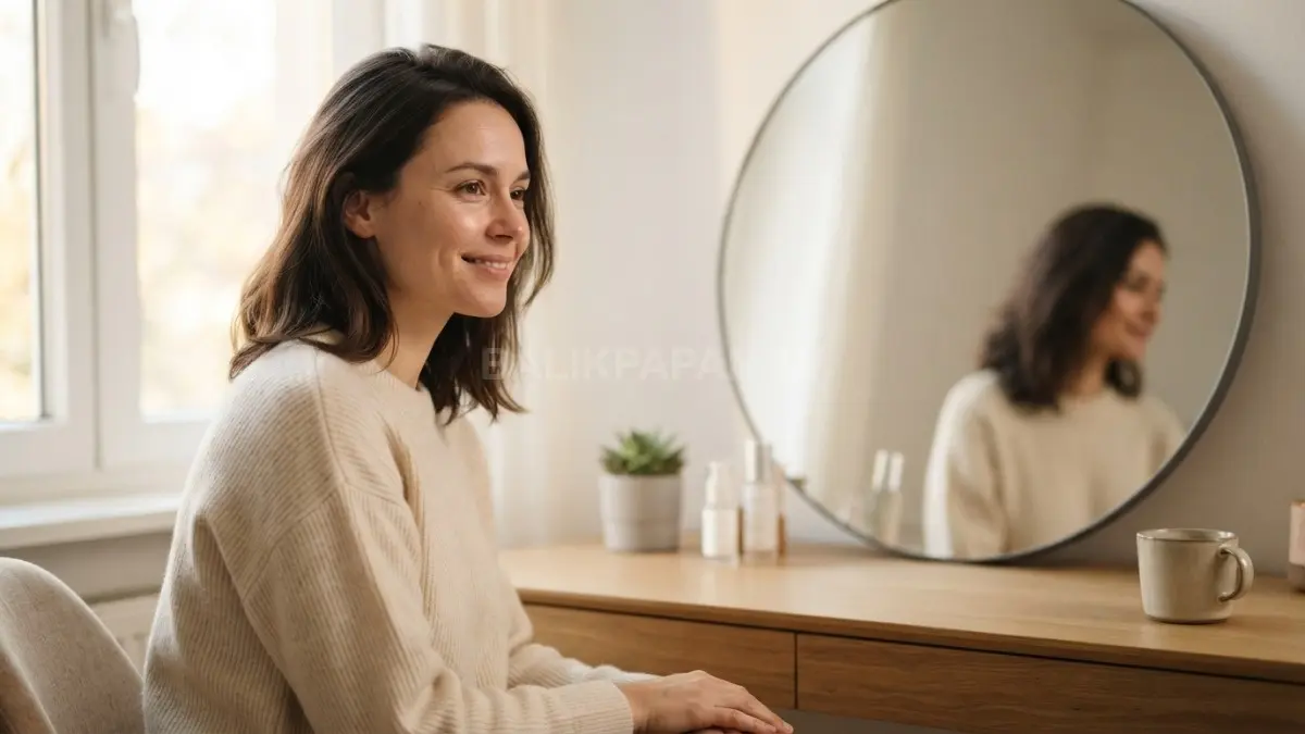 Potret refleksi diri secara menyeluruh dengan ekspresi tenang tanpa berfokus pada detail kekurangan kulit. (BTV/Ai)