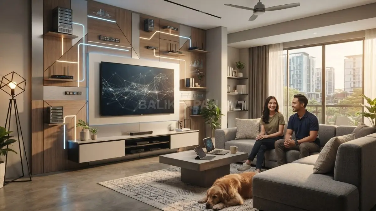 Ruang keluarga minimalis dengan dekorasi jaringan server, panel geometris, dan pencahayaan modern menciptakan suasana teknologi nyaman. (BTV/AI)