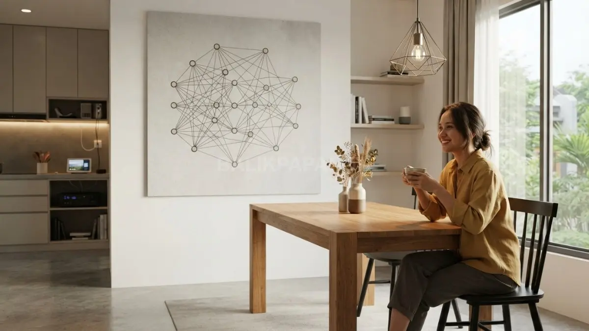 Ruang makan minimalis dengan artwork neural network menghadirkan nuansa AI modern elegan dan tetap terasa hangat. (BTV/AI)
