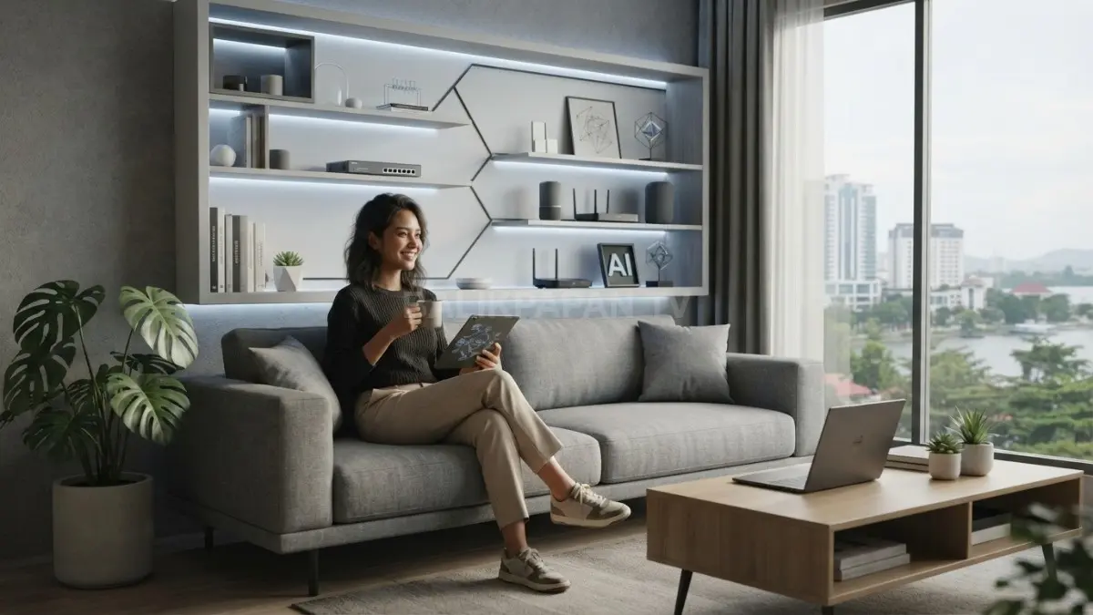 Ruang tamu minimalis terinspirasi server web, dengan rak modular dan pencahayaan LED modern yang elegan. (BTV/AI)