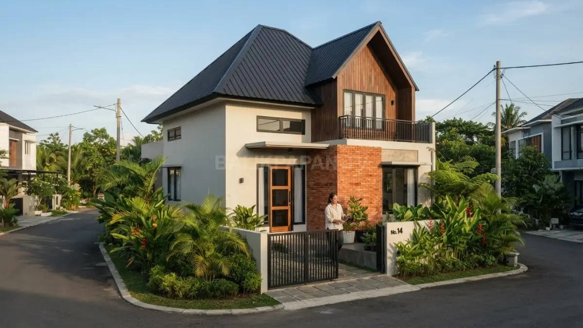 Rumah bata dan kayu menghadirkan fasad hangat, modern, sederhana, dan berkarakter Polandia dengan aksen material natural (BTV/AI)