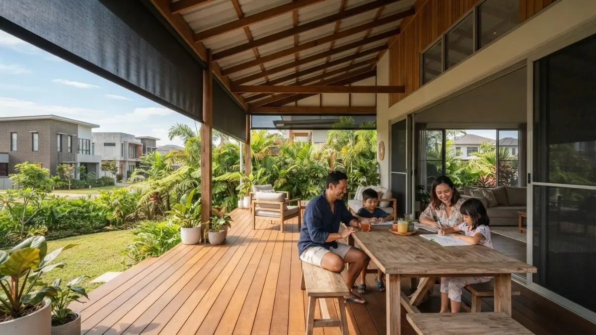 Rumah bergaya Australia dengan teras lebar, bukaan besar, material natural, dan desain responsif terhadap iklim tropis. (BTV/AI)