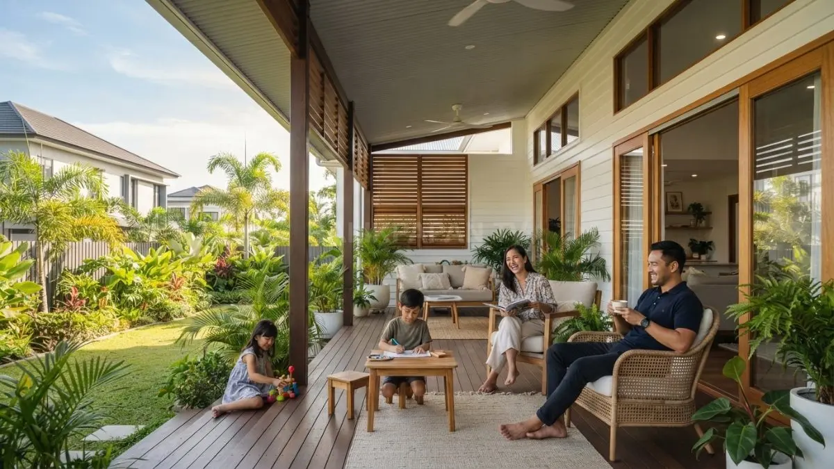 Rumah bergaya Queenslander dengan teras lebar menghadirkan kesejukan, perlindungan matahari, dan koneksi ruang dalam-luar. (BTV/AI)