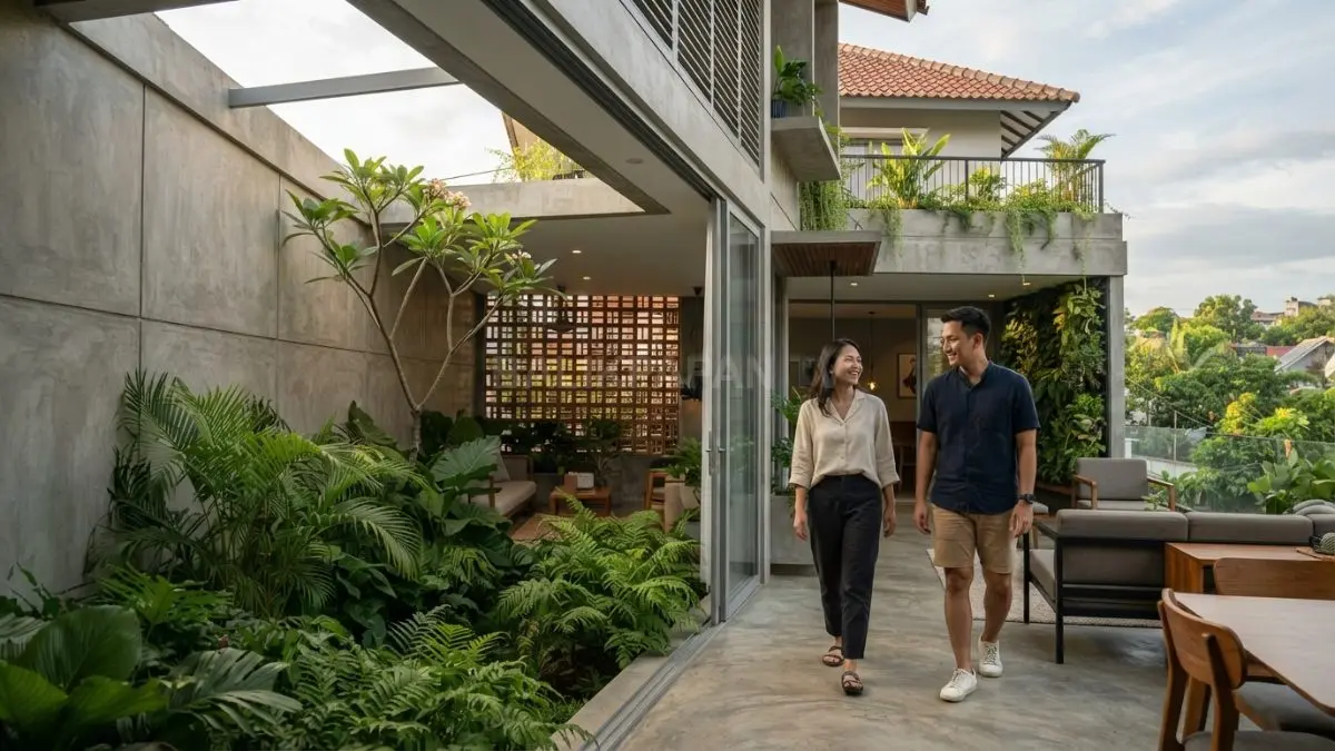 Rumah bergaya Vietnam memadukan courtyard, roster, taman, dan fasad berlapis untuk kenyamanan tropis modern (BTV/AI)