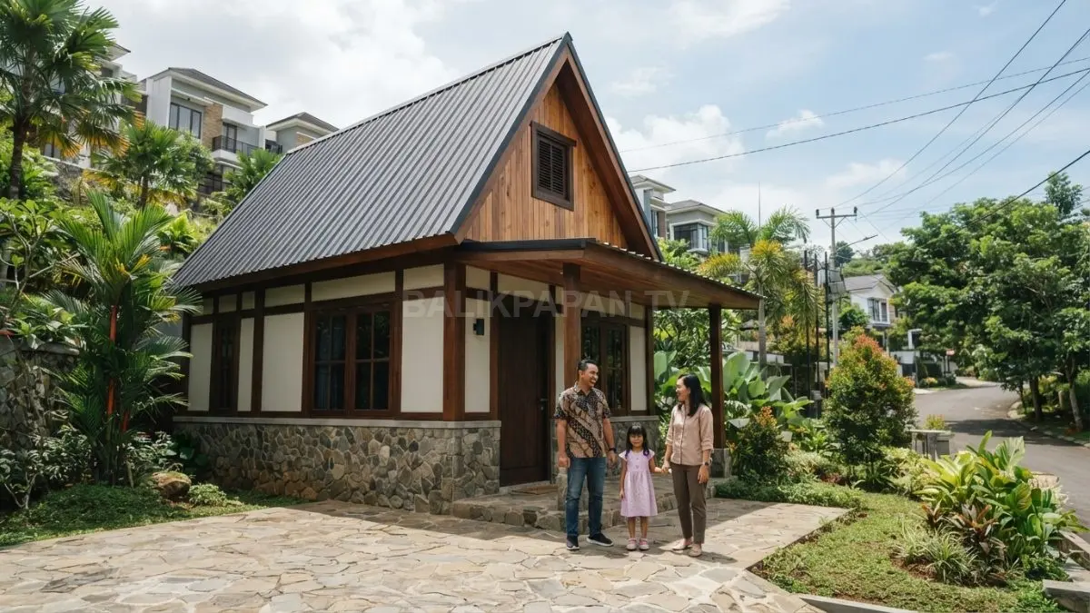 Rumah kayu ala Zakopane memadukan kayu, batu, atap curam, dan karakter pegunungan Polandia yang hangat (BTV/AI)