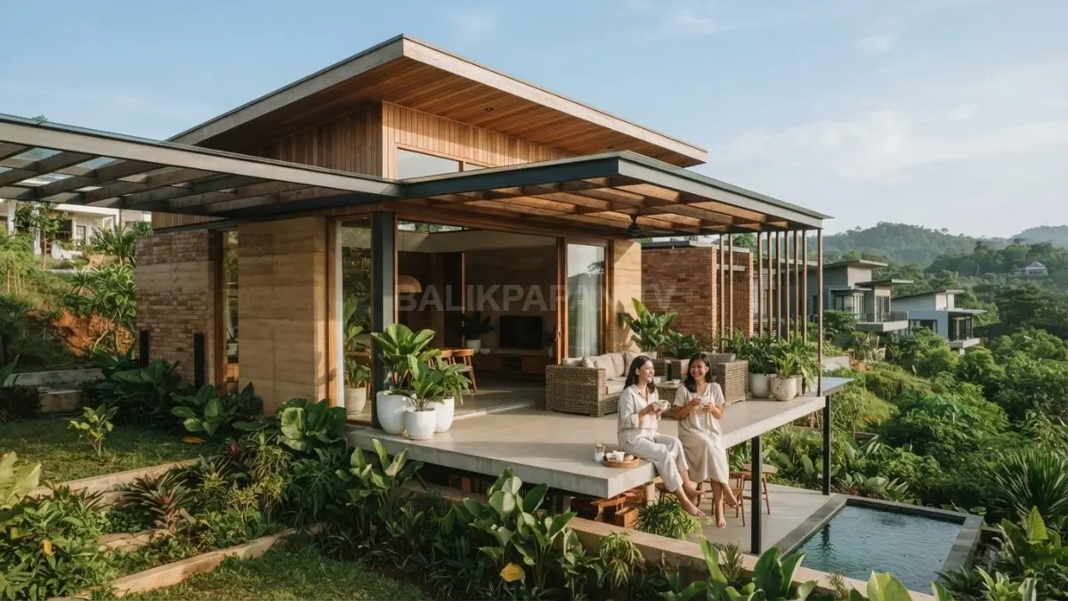 Rumah modern Australia dengan material natural menampilkan kayu, bata, beton, dan lanskap tropis (BTV/AI)