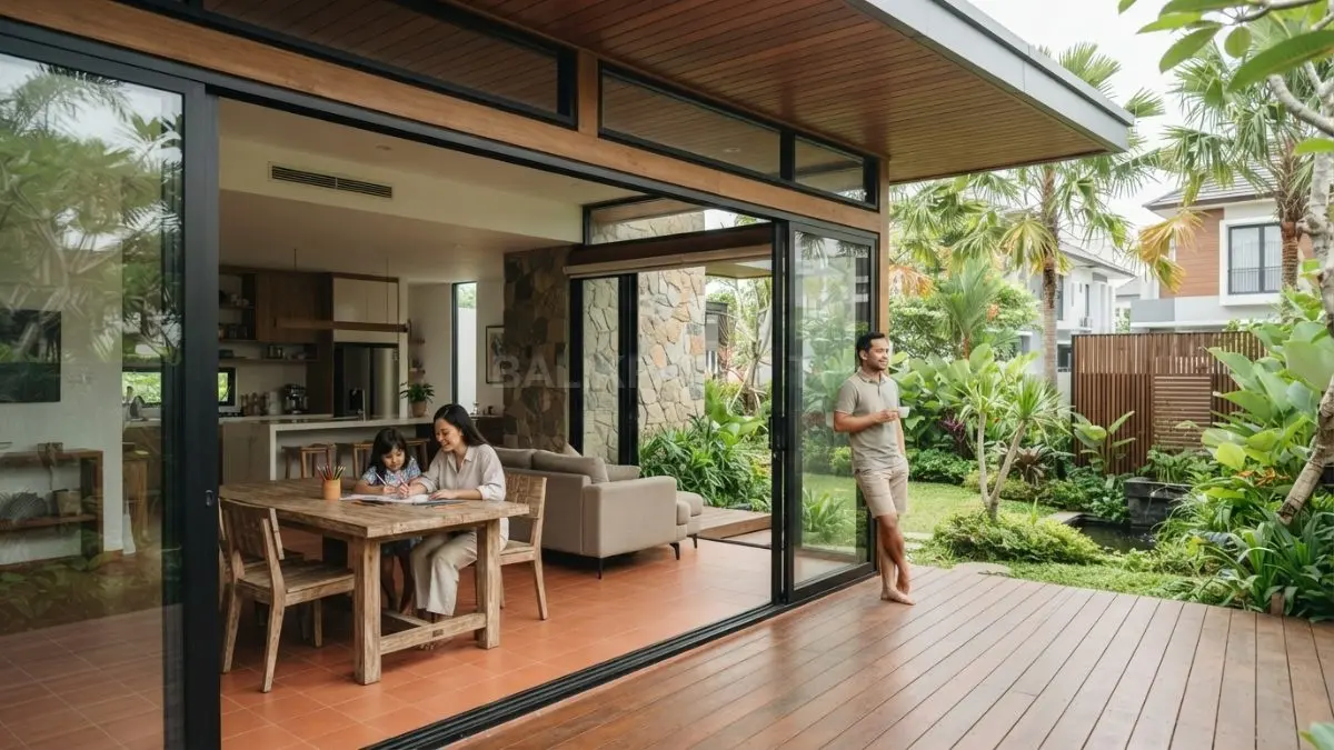 Rumah pavilion terbuka menghadap taman, memadukan ruang keluarga, teras, ventilasi silang, dan shading untuk kenyamanan tropis (BTV/AI)
