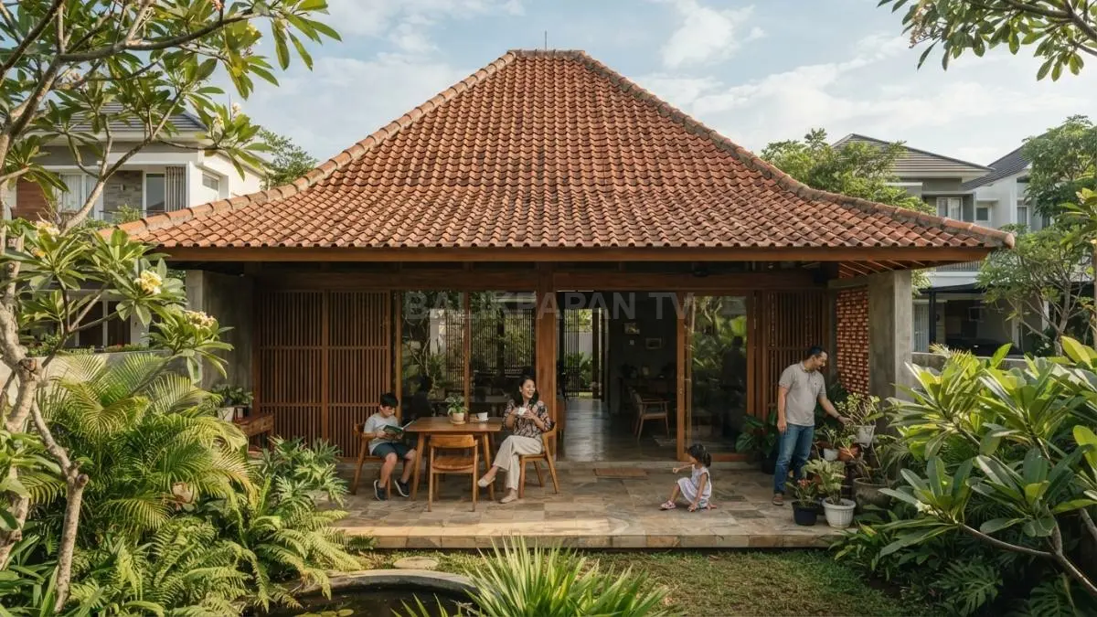 Rumah Vietnam dengan atap genteng dan teras lebar menghadirkan nuansa tropis hangat dan nyaman (BTV/AI)