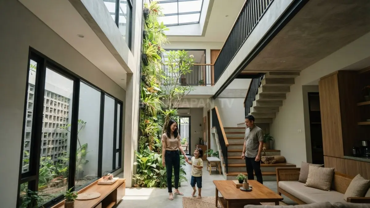 Rumah Vietnam dengan void tinggi dan taman vertikal menghadirkan cahaya alami, udara, serta kesan lapang. (BTV/AI)