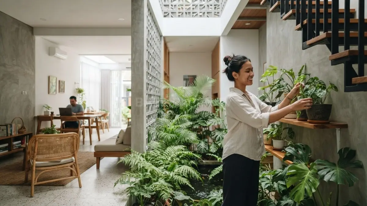 Rumah Vietnam menawarkan inspirasi tropis melalui courtyard, ventilasi alami, roster, taman, dan fasad berlapis yang adaptif (BTV/AI)