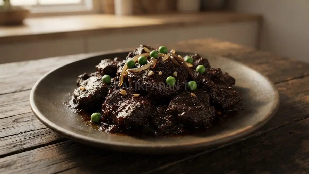 Sajian daging masak bumi hangus khas Kaltim bernuansa gelap kecokelatan lengkap dengan taburan kacang polong. (BTV/Ai)