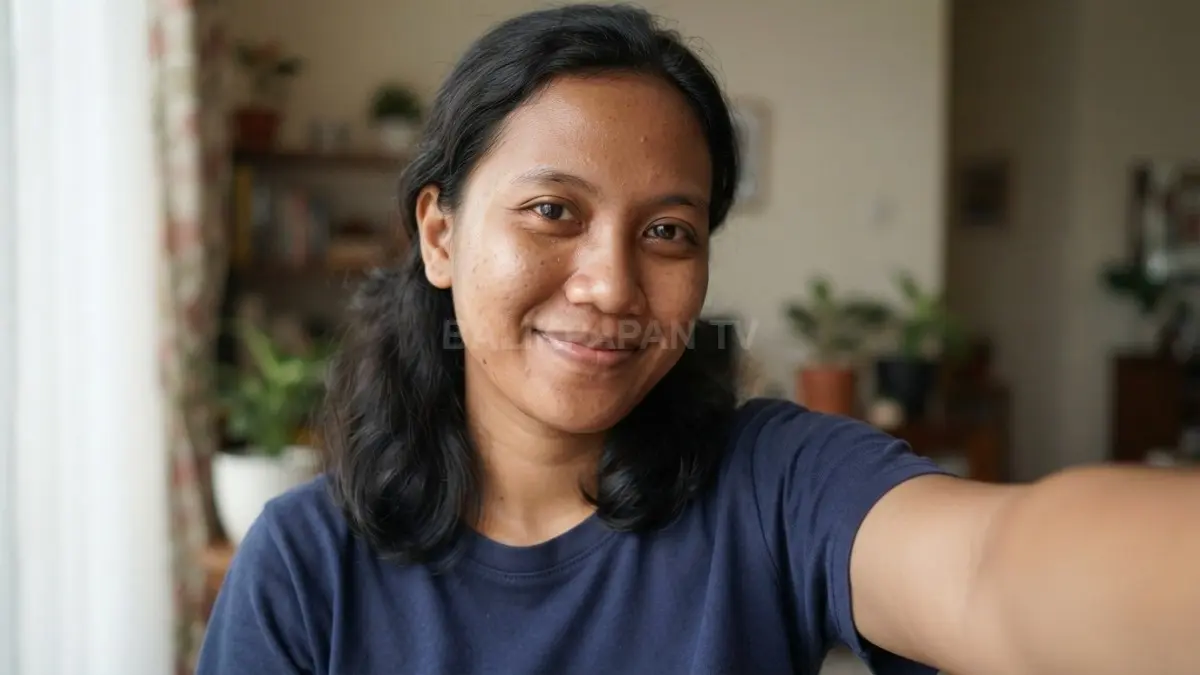 Selfie alami tanpa filter memperlihatkan tekstur kulit asli dengan pencahayaan natural yang nyaman dan tenang. (BTV/Ai)