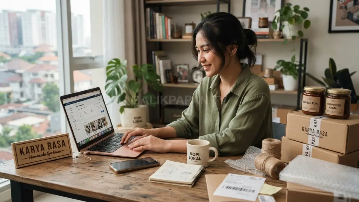 Seseorang memulai usaha dari rumah menggunakan laptop, kemasan produk, dan perlengkapan kerja di atas meja (BTV/AI).