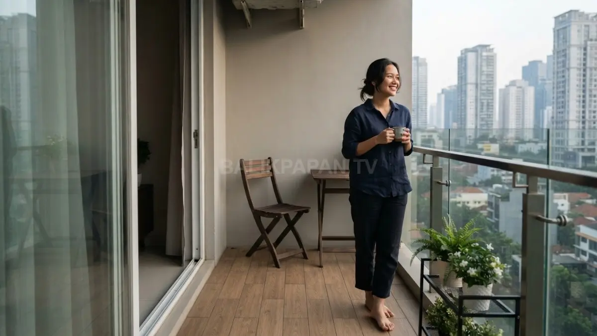 Sisakan ruang kosong agar balkon tetap lega, nyaman, mudah dibersihkan, dan tidak dipenuhi barang berlebihan (BTV/AI).