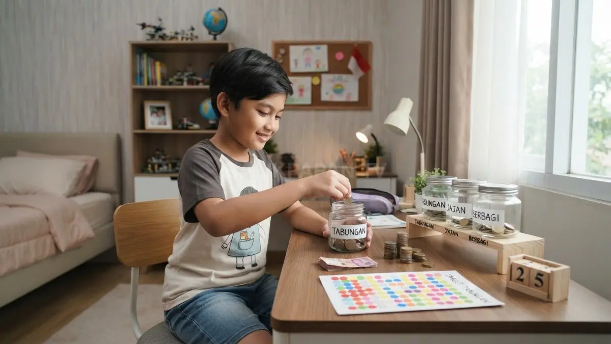 Sudut celengan dengan tiga wadah membantu anak belajar menabung, mengatur uang, dan berbagi secara sederhana. (BTV/AI)