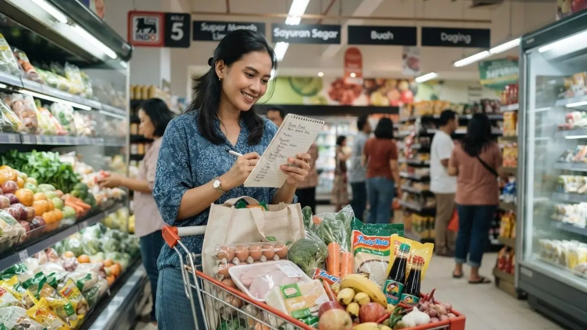 Susun daftar belanja sesuai menu agar pengeluaran terkontrol, belanja terarah, dan bahan makanan tidak terbuang (BTV/AI).