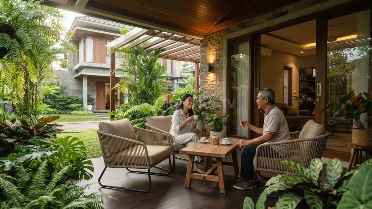 Teras nyaman menjadi ruang transisi rumah, tempat berteduh, bersantai, dan menerima tamu. (BTV/AI)