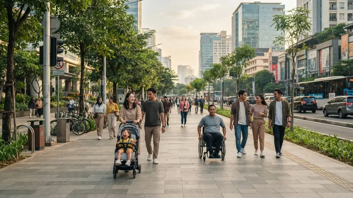Trotoar lebar mendukung berjalan bersama, aman, nyaman, inklusif, dan bebas hambatan di jalur utama. (BTV/AI)