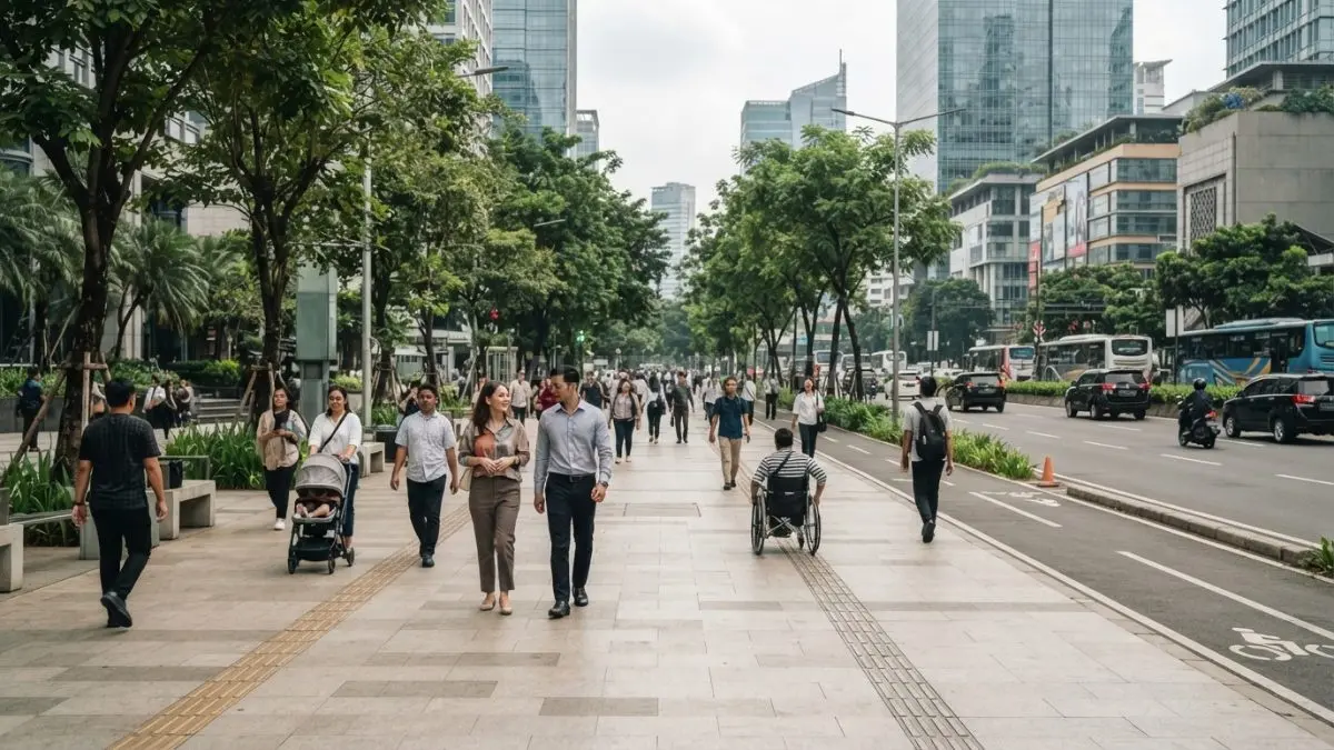 Trotoar lebar mendukung pejalan kaki berjalan aman, nyaman, inklusif, dan berdampingan tanpa saling menghindar. (BTV/AI)