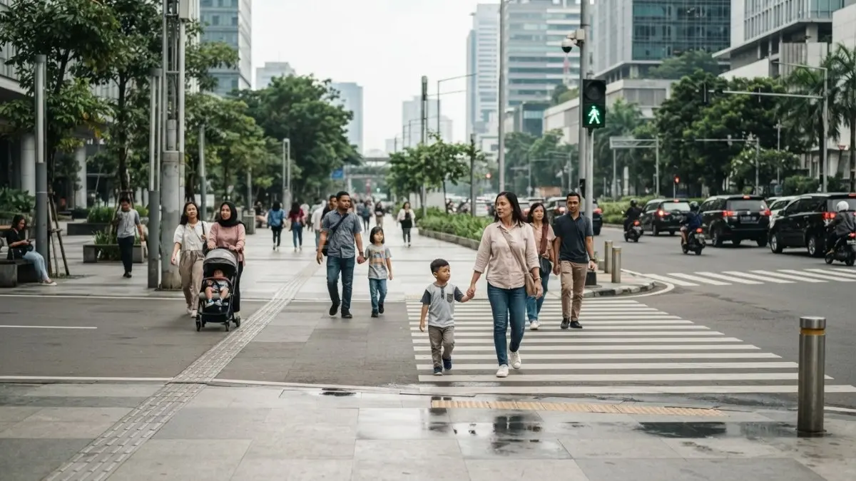 Trotoar lebar meningkatkan kenyamanan, tetapi penyeberangan aman tetap penting bagi keselamatan pejalan kaki. (BTV/AI)