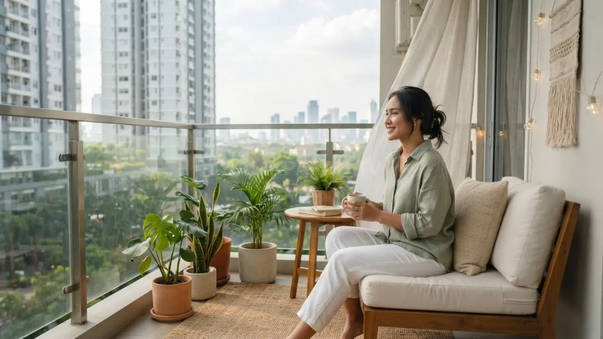 Warna terang dan netral membuat balkon kecil terasa lebih luas, tenang, dan nyaman tanpa dekorasi. (BTV/AI)