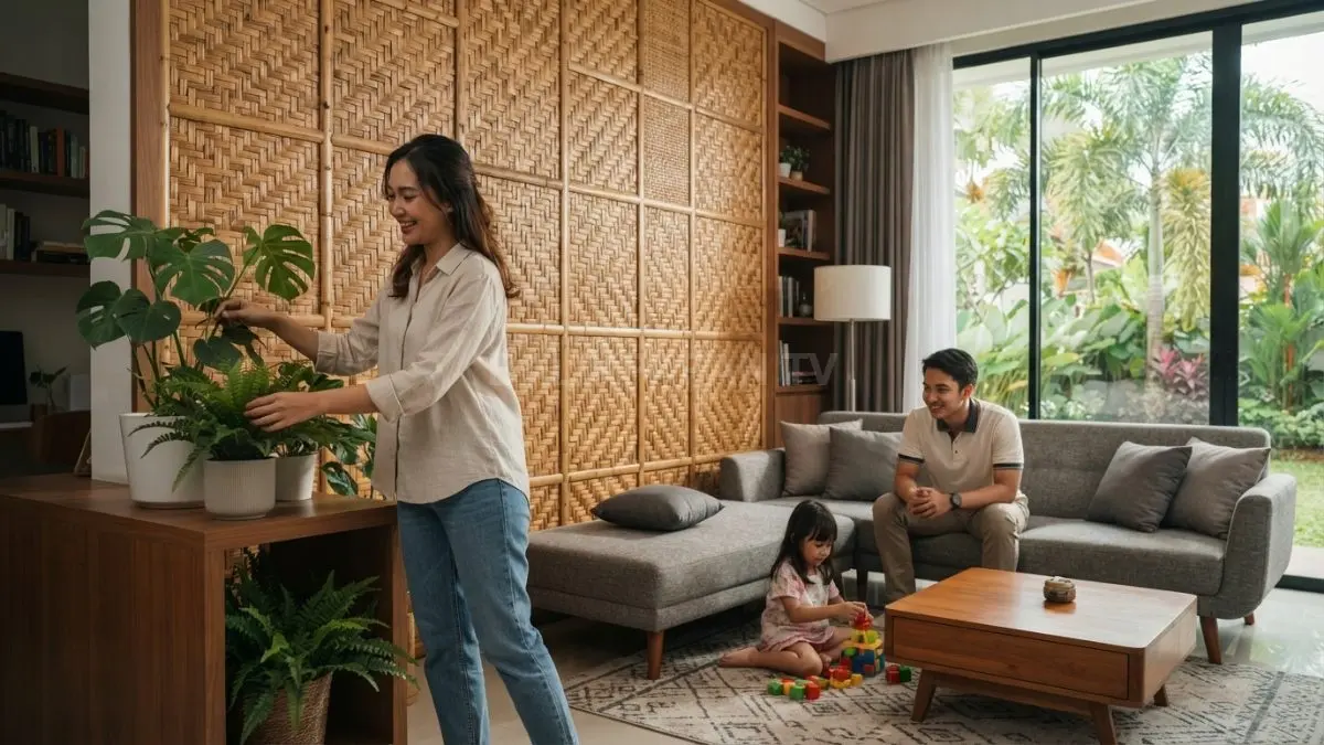 Anyaman bambu mempercantik dinding, menghadirkan tekstur alami dan suasana nyaman dalam interior tropis rumah. (BTV/AI)