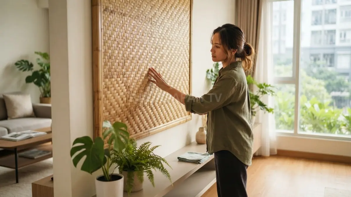 Anyaman bambu menjadi hiasan dinding alami, bertekstur, bersih, kering, dan nyaman untuk ruang rumah. (BTV/AI)