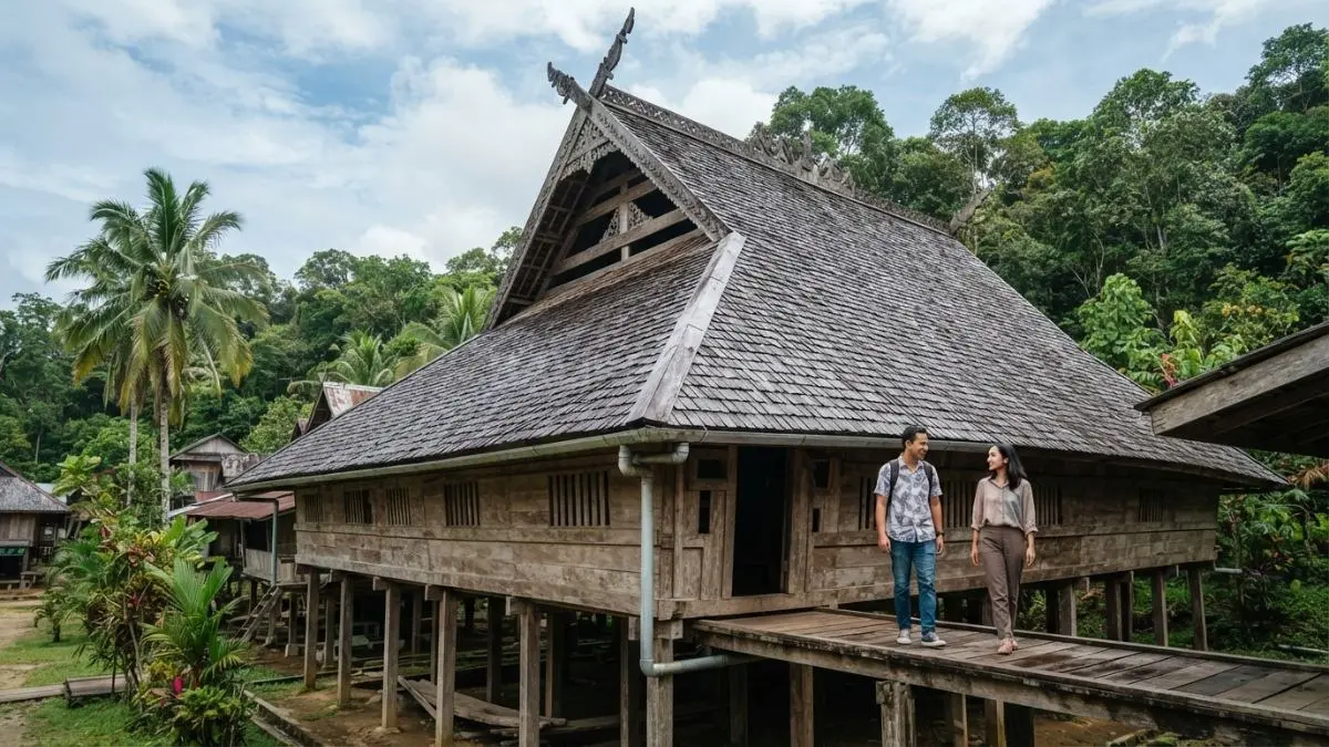 Atap Lamin merespons hujan, panas, kelembapan, dan ventilasi sesuai lingkungan serta kehidupan masyarakat Dayak. (BTV/AI)