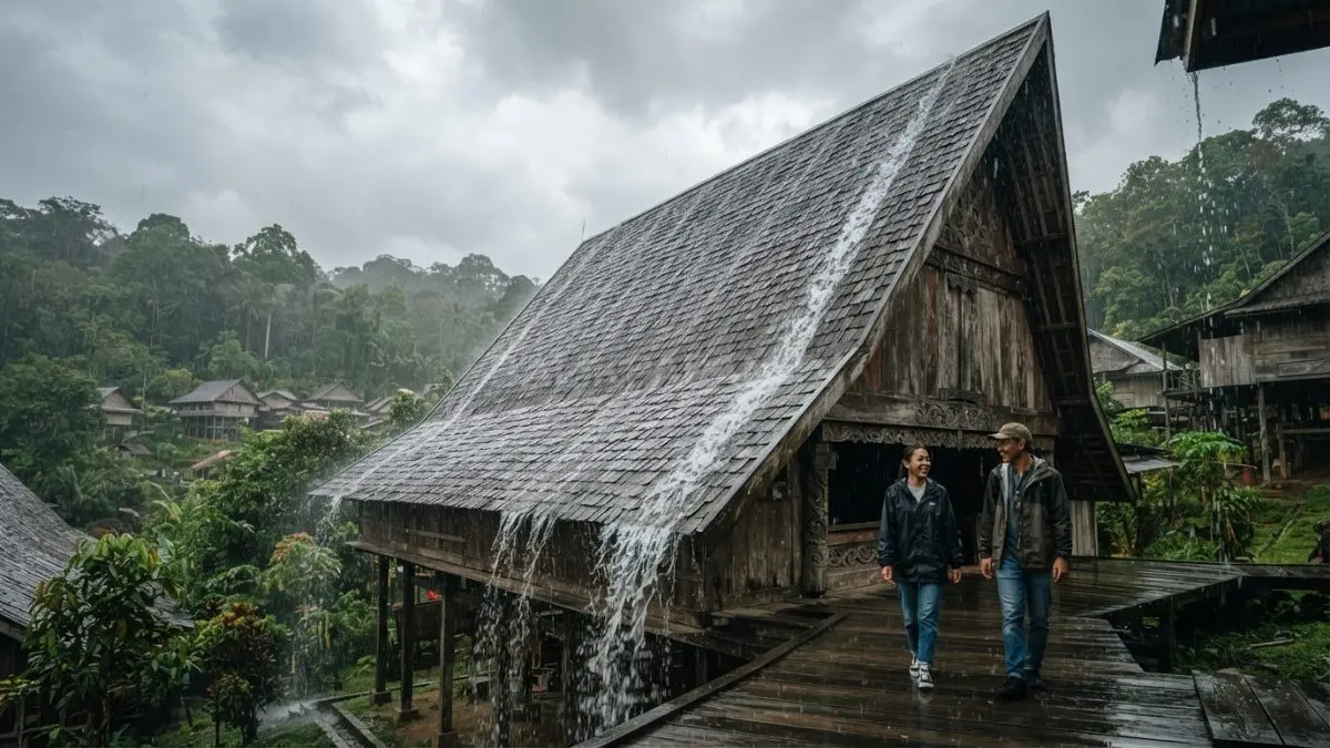 Atap rumah tradisional Kalimantan yang lancip membantu menghadapi hujan, kelembapan, material, ventilasi, serta pola hidup. (BTV/AI)