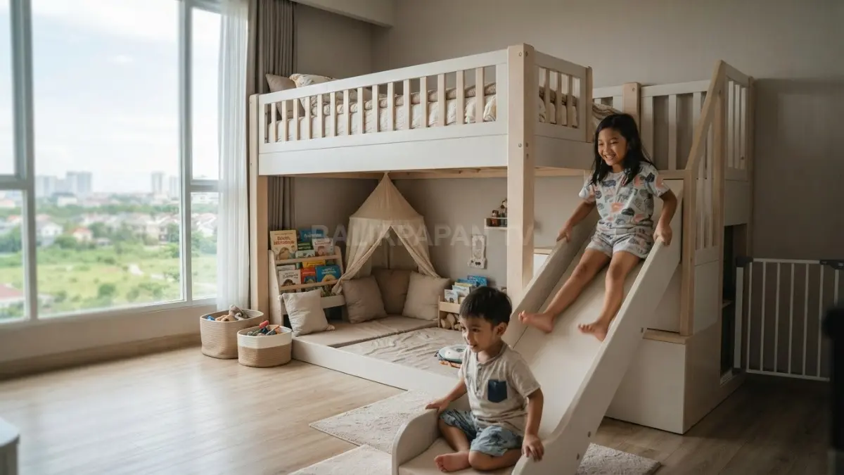 Bunk bed dengan seluncuran dan area bermain bawah yang mengutamakan fungsi, kenyamanan, serta keselamatan anak (BTV/AI)