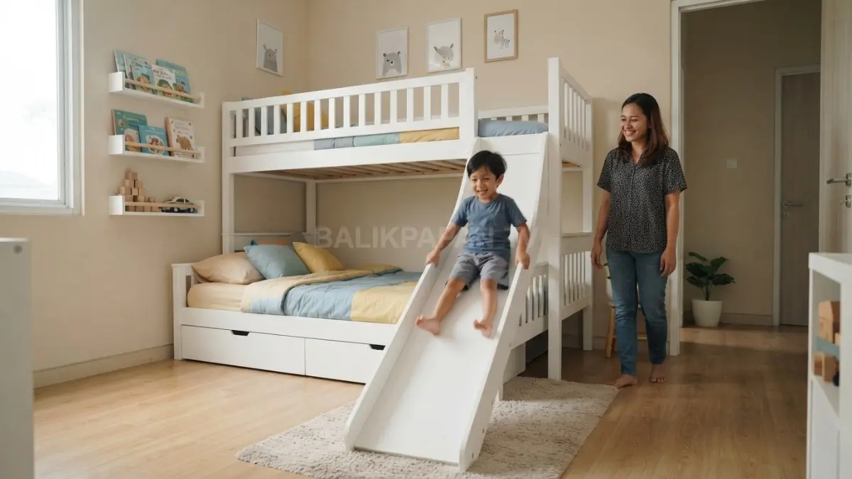 Bunk bed minimalis dengan seluncuran putih menghadirkan ruang bermain anak yang nyaman, fungsional, aman, dan menarik (BTV/AI)