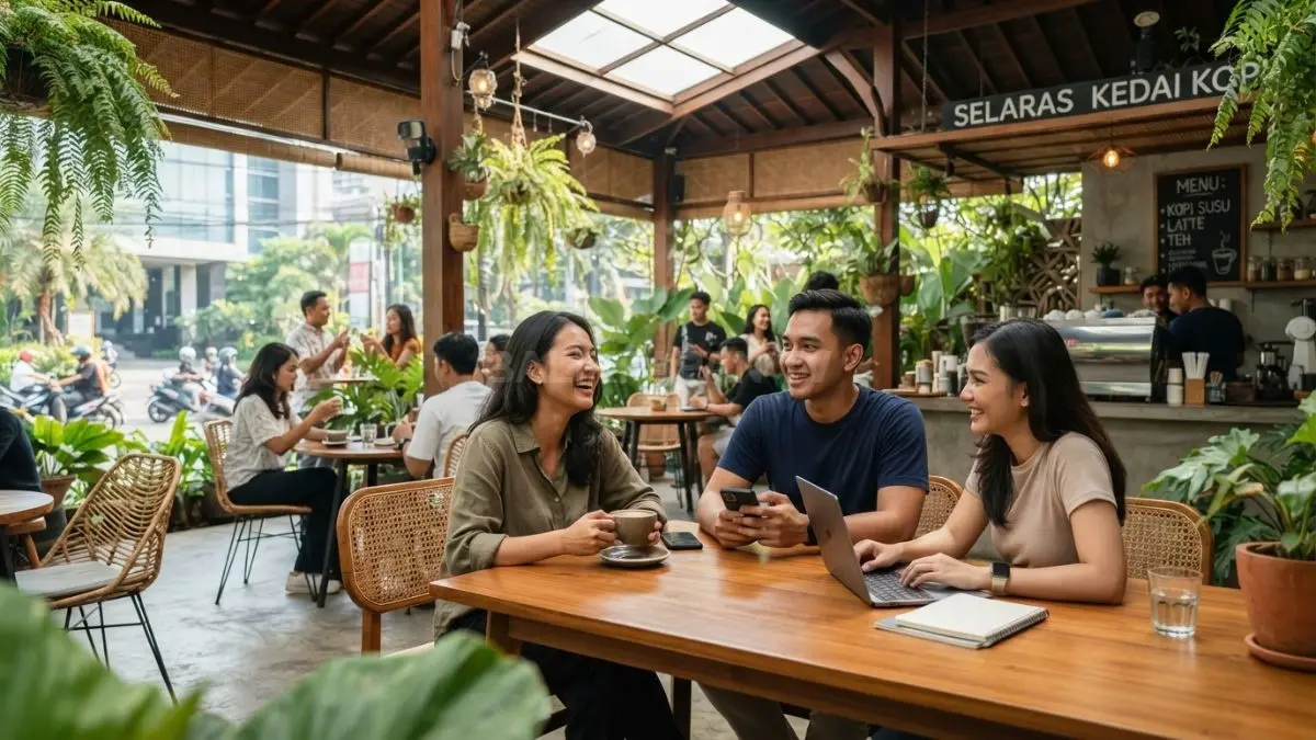 Cafe tropis dengan tanaman hijau, ventilasi terbuka, material alami, dan area duduk teduh yang nyaman tanpa terlalu bergantung pada AC.(BTV/AI)