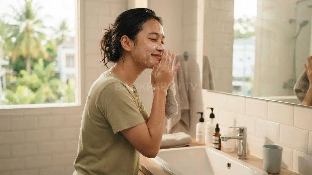 Cuaca panas dan lembap, rawat komedo dengan pembersihan wajah lembut agar kulit tetap sehat. (BTV/AI)