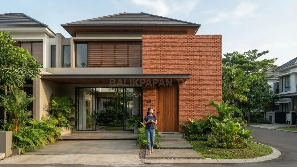 Fasad bata ekspos dan aksen kayu menghadirkan karakter Nepal yang hangat pada rumah minimalis modern. (BTV/AI)