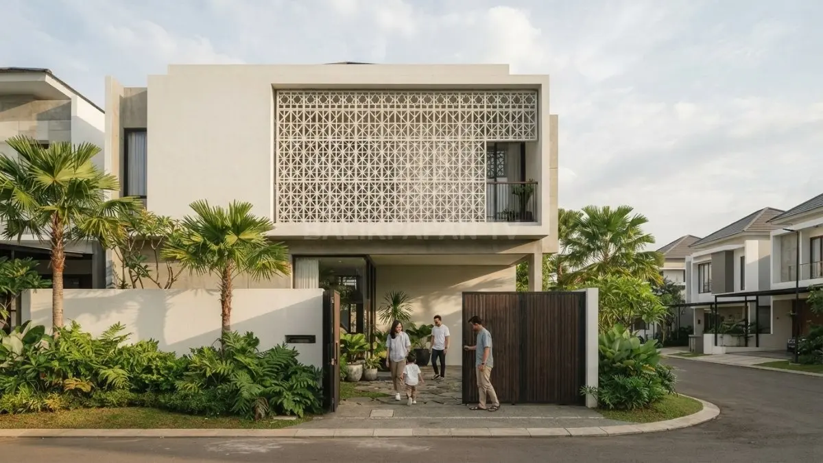 Fasad rumah minimalis putih bergaya Qatar dengan mashrabiya geometris menghadirkan privasi dan penyaring cahaya. (BTV/AI)