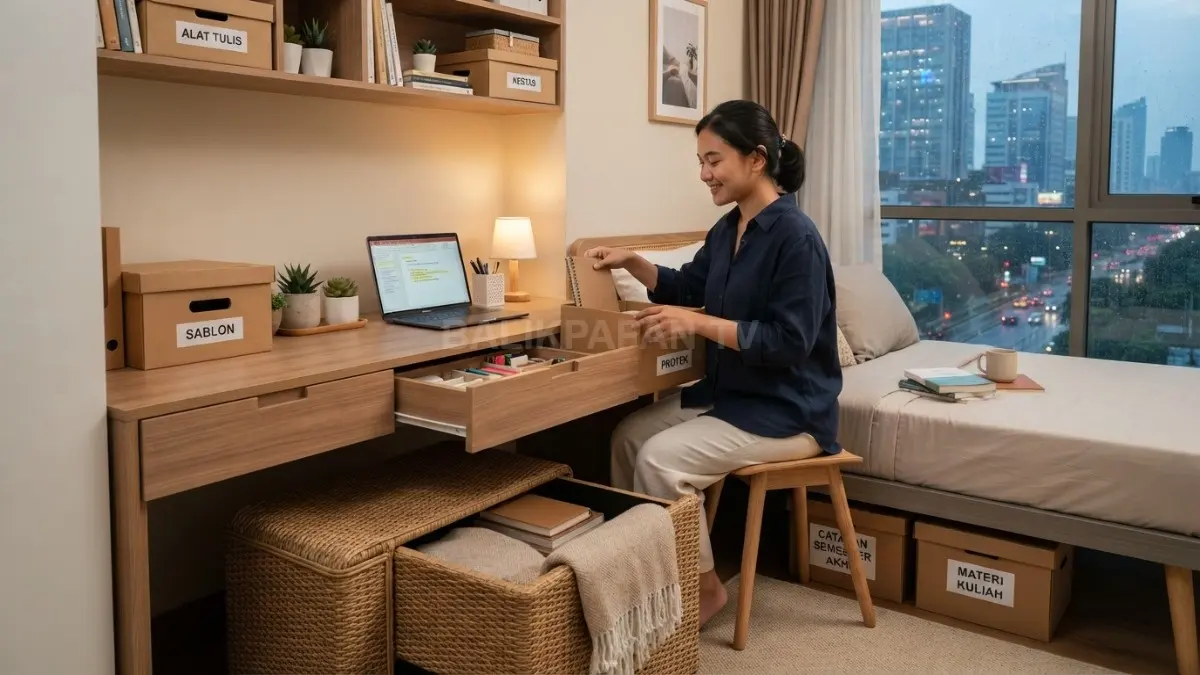 Furnitur penyimpanan tersembunyi membantu kamar kos tetap rapi, nyaman, dan efisien untuk belajar setiap hari (BTV/AI).