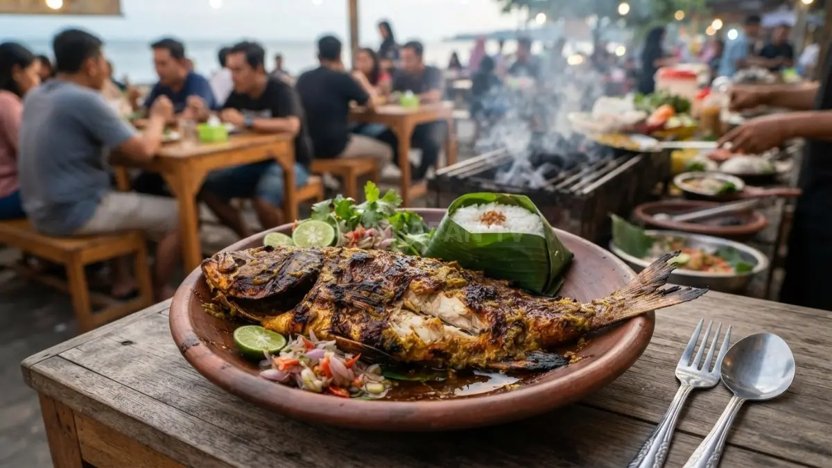 Ikan baronang bakar bumbu kuning khas Bontang dengan olesan kecap, disajikan bersama nasi hangat dan sambal. (BTV/AI)