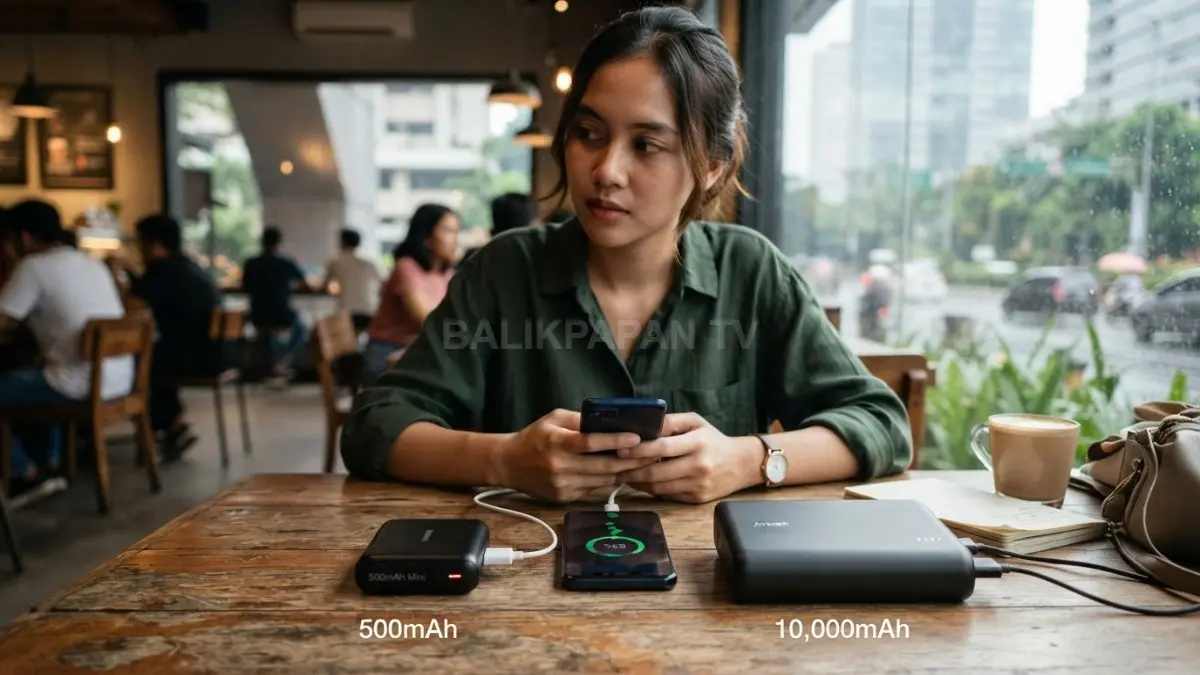 Ilustrasi dua powerbank berkapasitas 500mAh dan 10.000mAh yang memperlihatkan perbedaan kapasitas energi dan penggunaannya untuk mengisi daya smartphone.(BTV/AI)