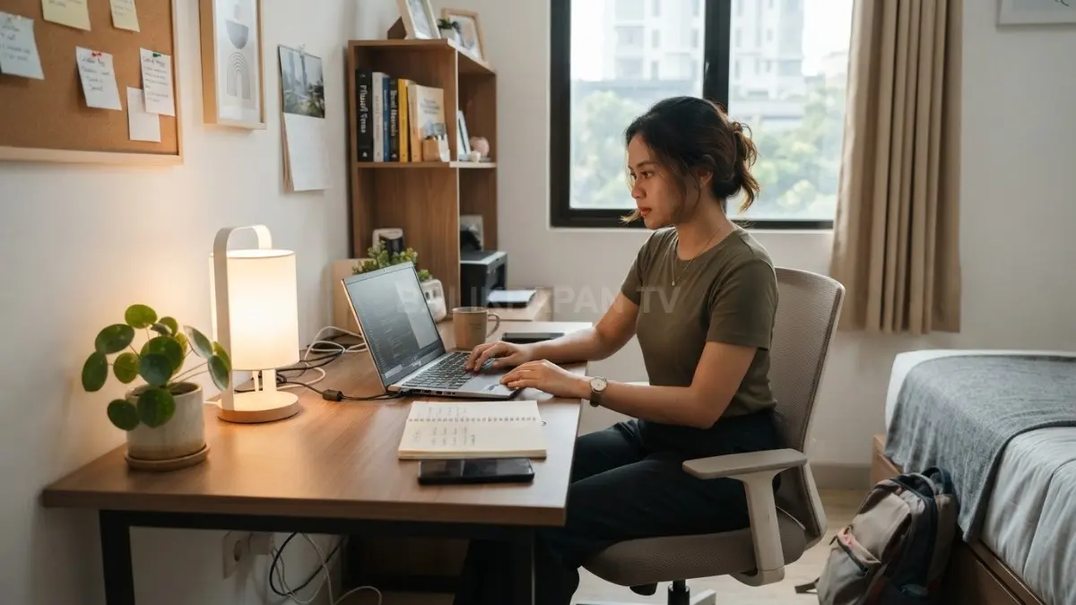 Ilustrasi ruang belajar multifungsi di kamar kos dengan meja ramping, rak penyimpanan, lampu belajar, dan penataan minimalis.(BTV/AI)