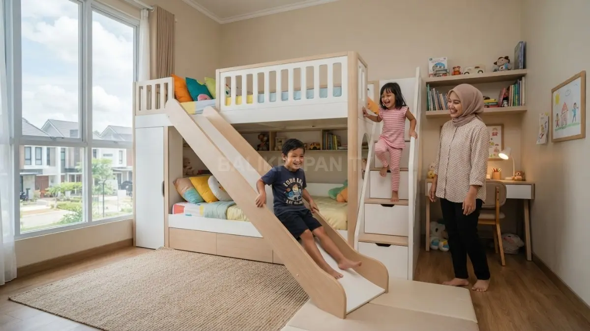 Inspirasi kamar anak dengan bunk bed dan seluncuran, memadukan fungsi, kenyamanan, keamanan, serta area bermain. (BTV/AI)