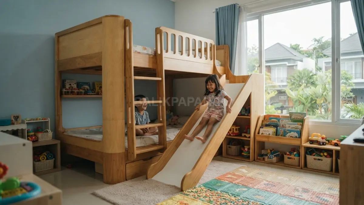 Inspirasi kamar anak dengan bunk bed, seluncuran, dan area bermain yang aman, nyaman, serta fungsional (BTV/AI)