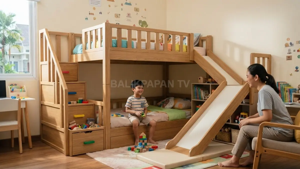 Inspirasi kamar anak dengan bunk bed, tangga, seluncuran, dan rak mainan untuk ruang bermain aman (BTV/AI)