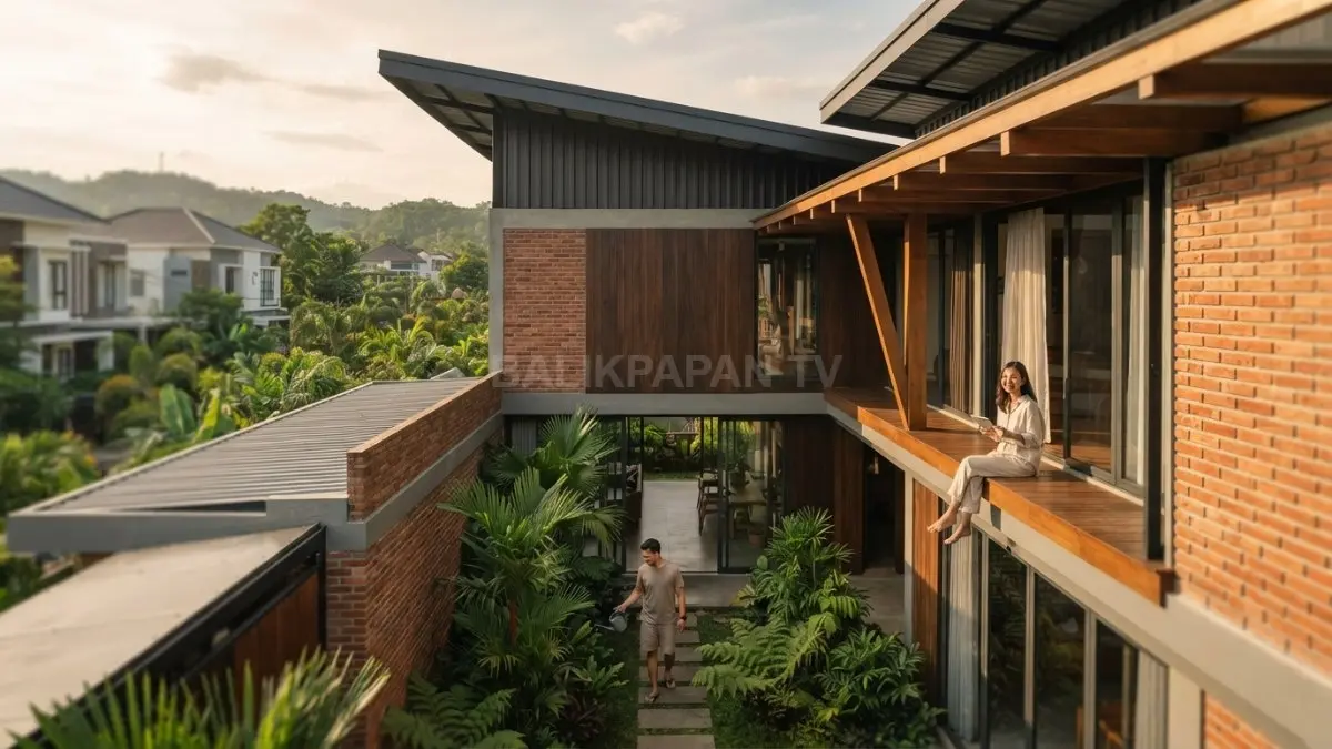 Inspirasi rumah Nepal menghadirkan courtyard, bata, kayu, teras teduh, dan atap miring untuk hunian tropis modern. (BTV/AI)
