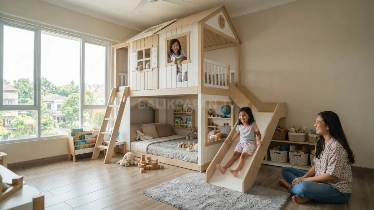 Kamar anak bergaya rumah pohon dengan bunk bed dan seluncuran, memadukan bermain, kenyamanan, serta keamanan. (BTV/AI)