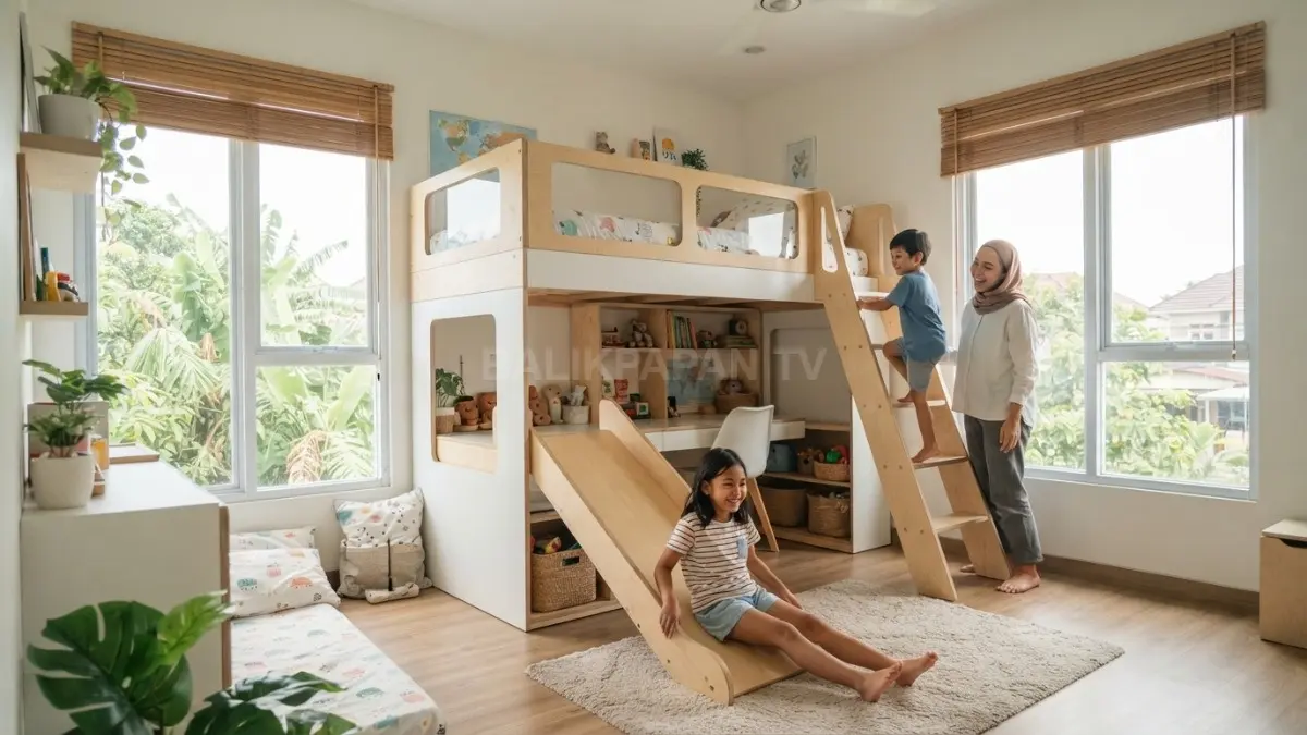 Kamar anak compact dengan bunk bed, seluncuran, area bermain, dan penyimpanan fungsional untuk rumah tropis (BTV/AI)