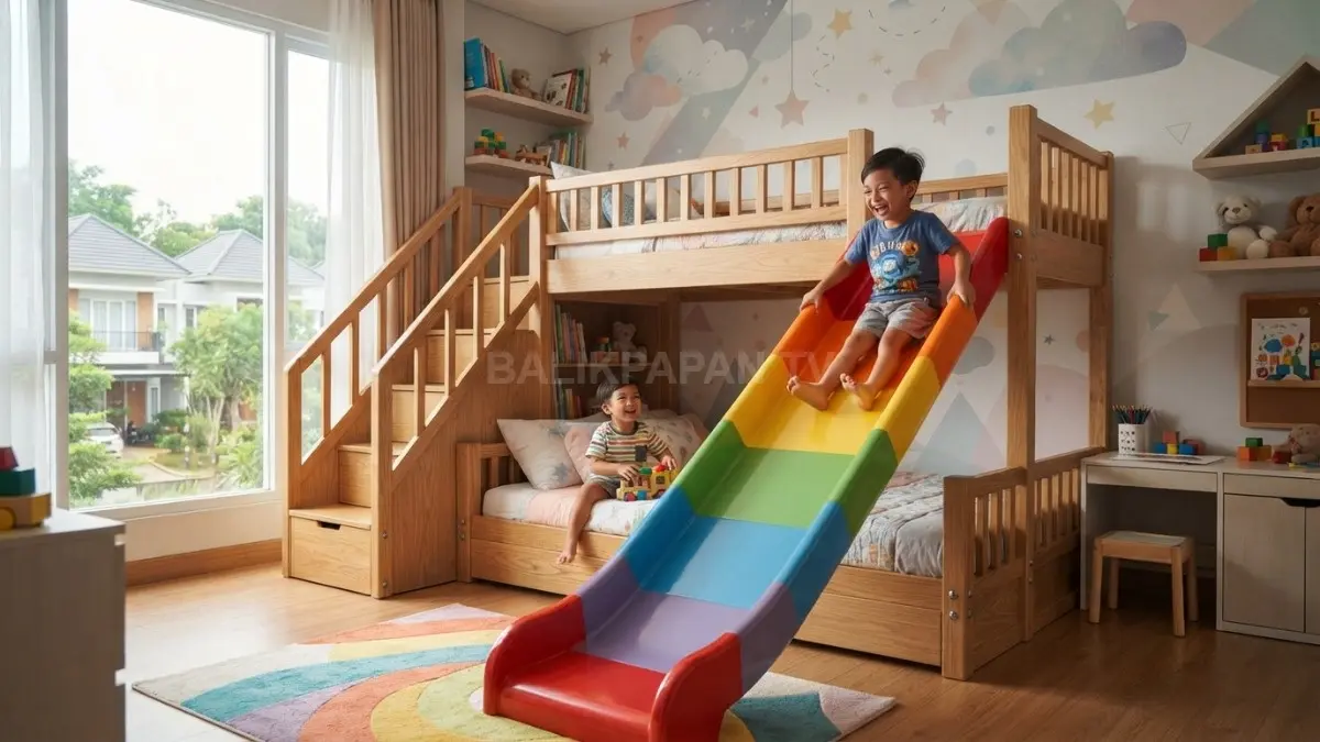 Kamar anak dengan bunk bed dan seluncuran ceria menghadirkan area bermain aman, nyaman, dan fungsional (BTV/AI)