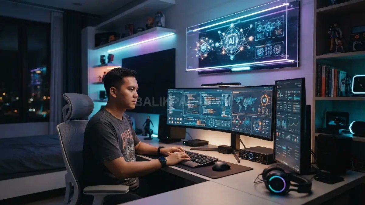 Kamar futuristik dengan ilusi hologram, LED, dan antarmuka digital menciptakan suasana cyber space modern (BTV/AI)