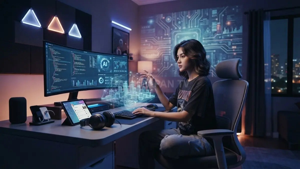 Kamar futuristik memadukan teknologi AI, LED, hologram, dan internet dalam ruang nyaman bergaya digital modern (BTV/AI)