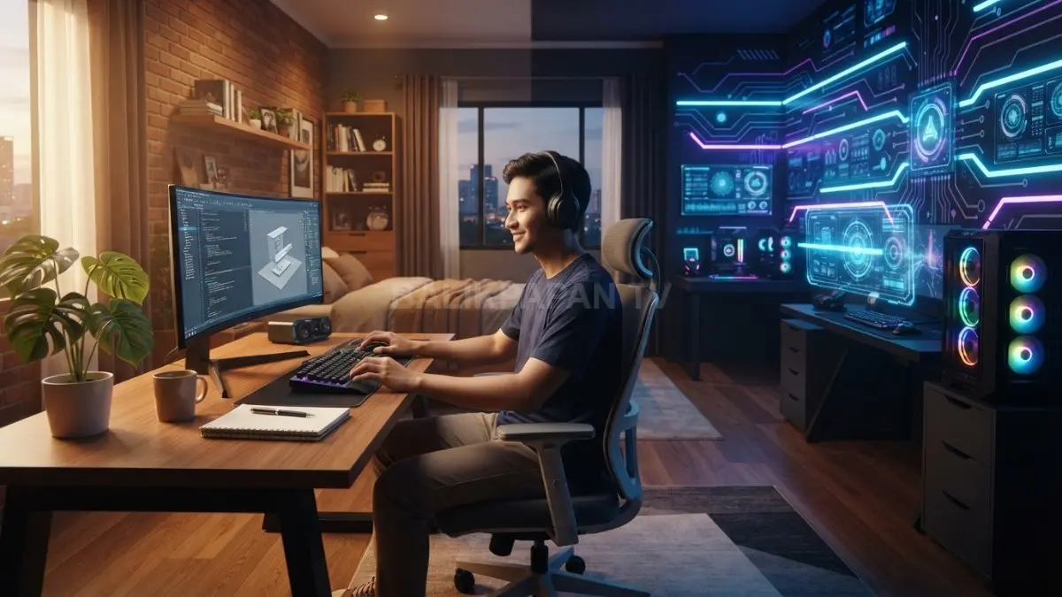 Kamar Human × AI memadukan material hangat dan teknologi futuristik sebagai simbol keseimbangan manusia dengan AI. (BTV/AI)